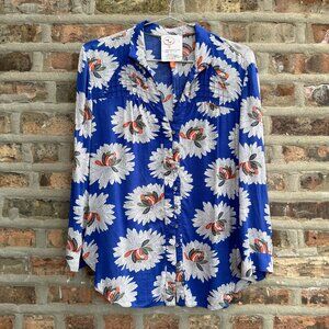 Anthropologie 14 of 52 Conversations Blue White Flowers Blouse Top Buttons SZ 4